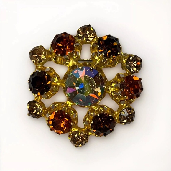 Vintage Flower Amber Purple AB Rhinestone Gold Tone Brooch Signed STAR Austria - Picture 1 of 7
